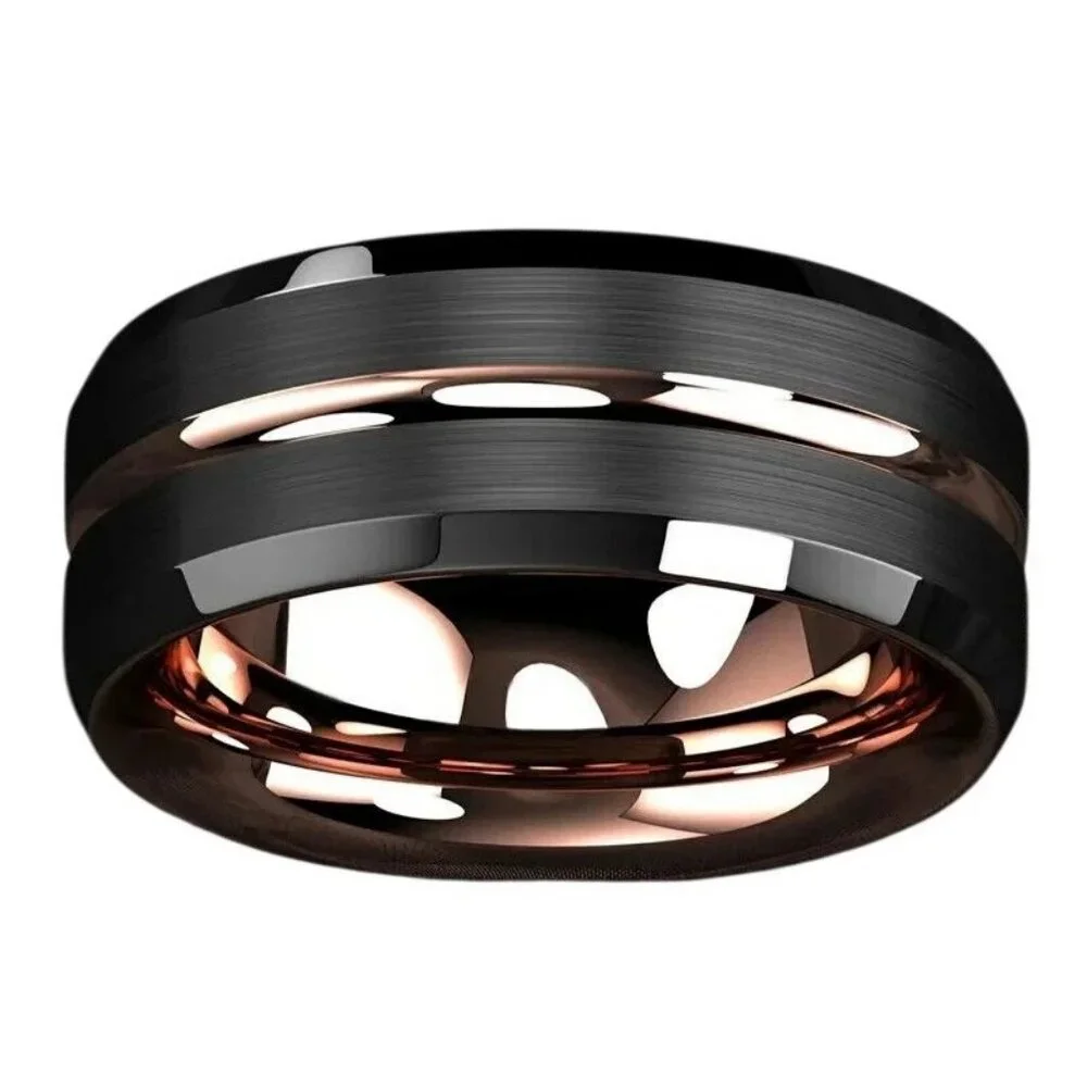 Tungsten Steel Matte Black Polished Double Bevel Rose Gold channel wedding ring